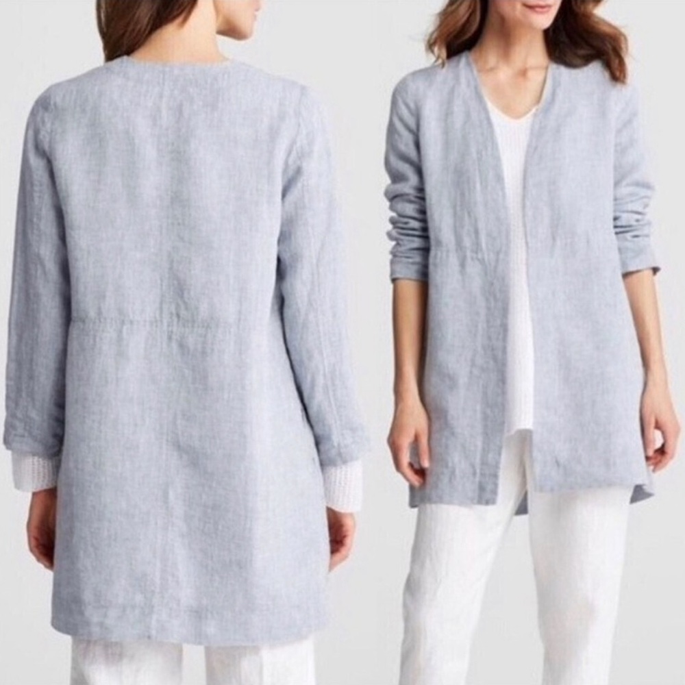 Eileen Fisher Linen Jacket Lagenlook Blue Organic Open Front Pockets S